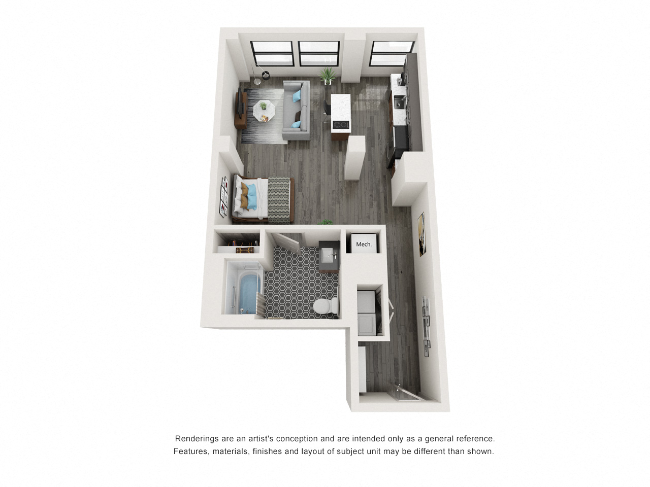 Floor plan for studio, 1 bath, 592 sqft